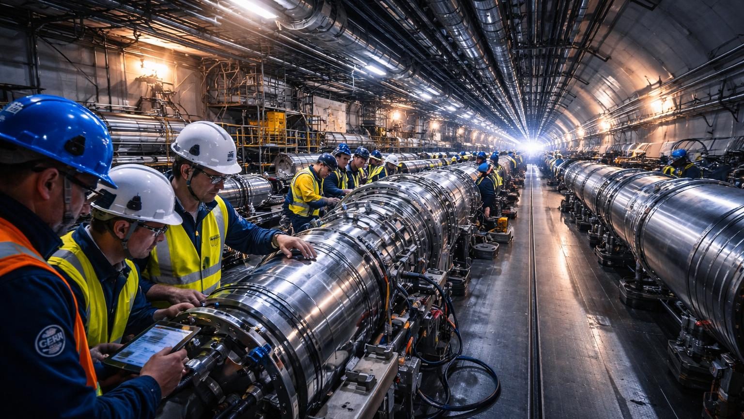 Vue du tunnel circulaire souterrain du LHC à la frontière franco-suisse avec équipements scientifiques et aimants supraconducteurs alignés pour la collisionneur de hadrons.