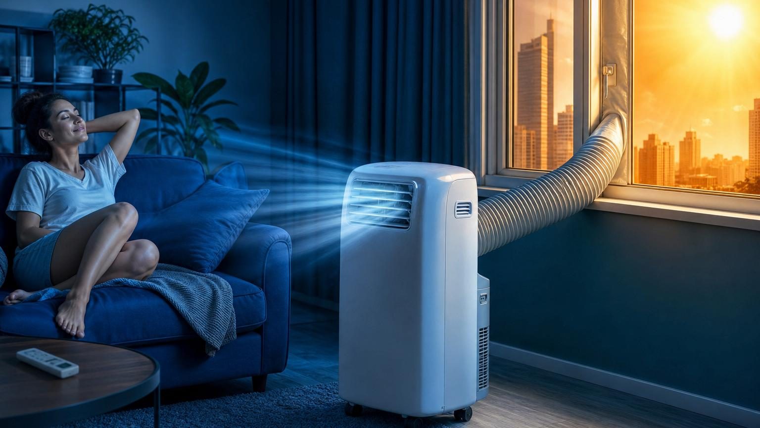 Climatiseur mobile blanc avec gaine d'évacuation, testé dans une pièce avec fenêtre et rideaux fermés