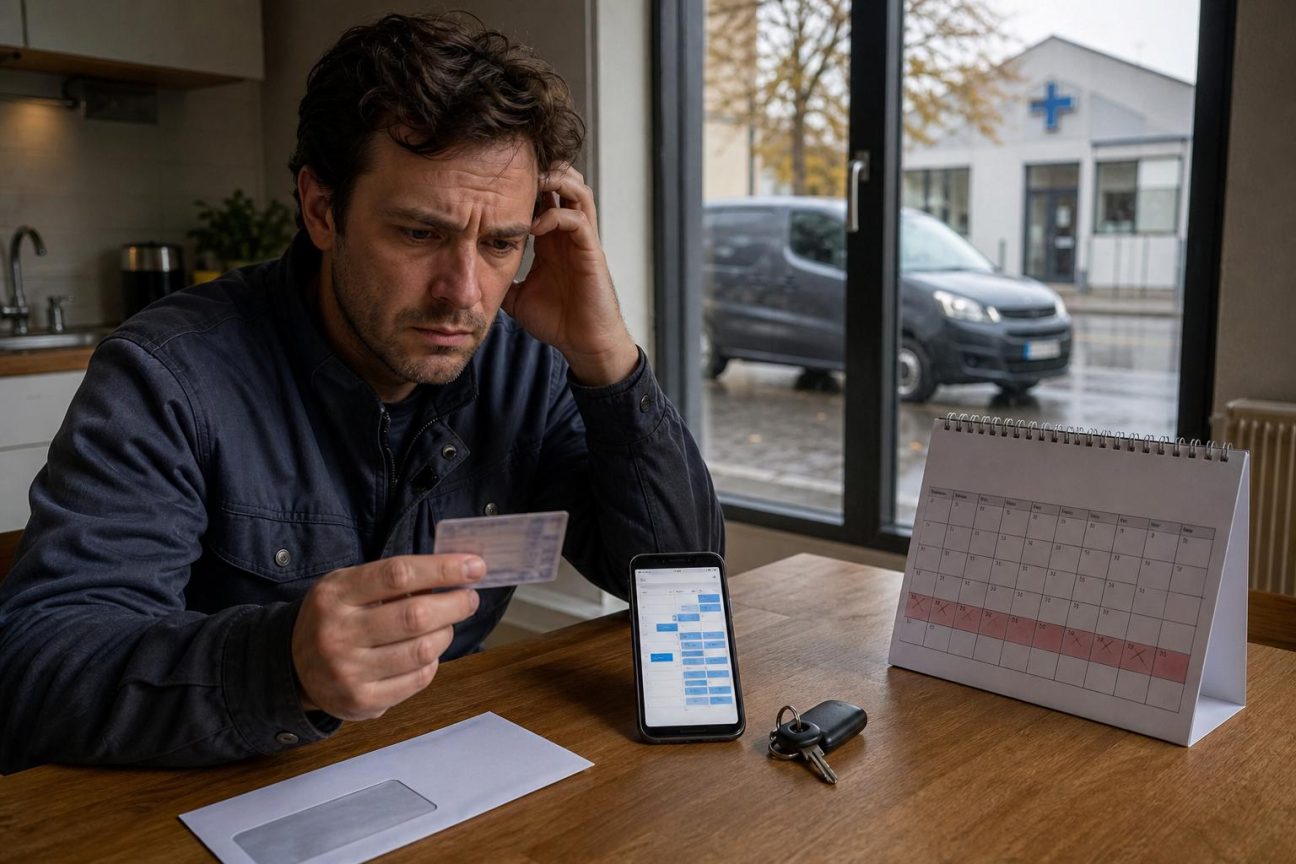 Un conducteur consulte un site de prise de rendez-vous sur son ordinateur, affichant des créneaux de consultation médicale très espacés dans le calendrier.