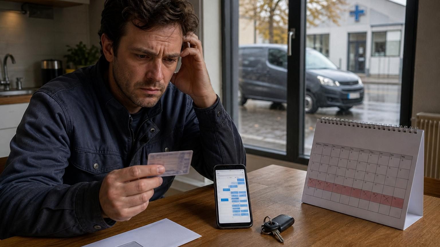 Un conducteur consulte un site de prise de rendez-vous sur son ordinateur, affichant des créneaux de consultation médicale très espacés dans le calendrier.