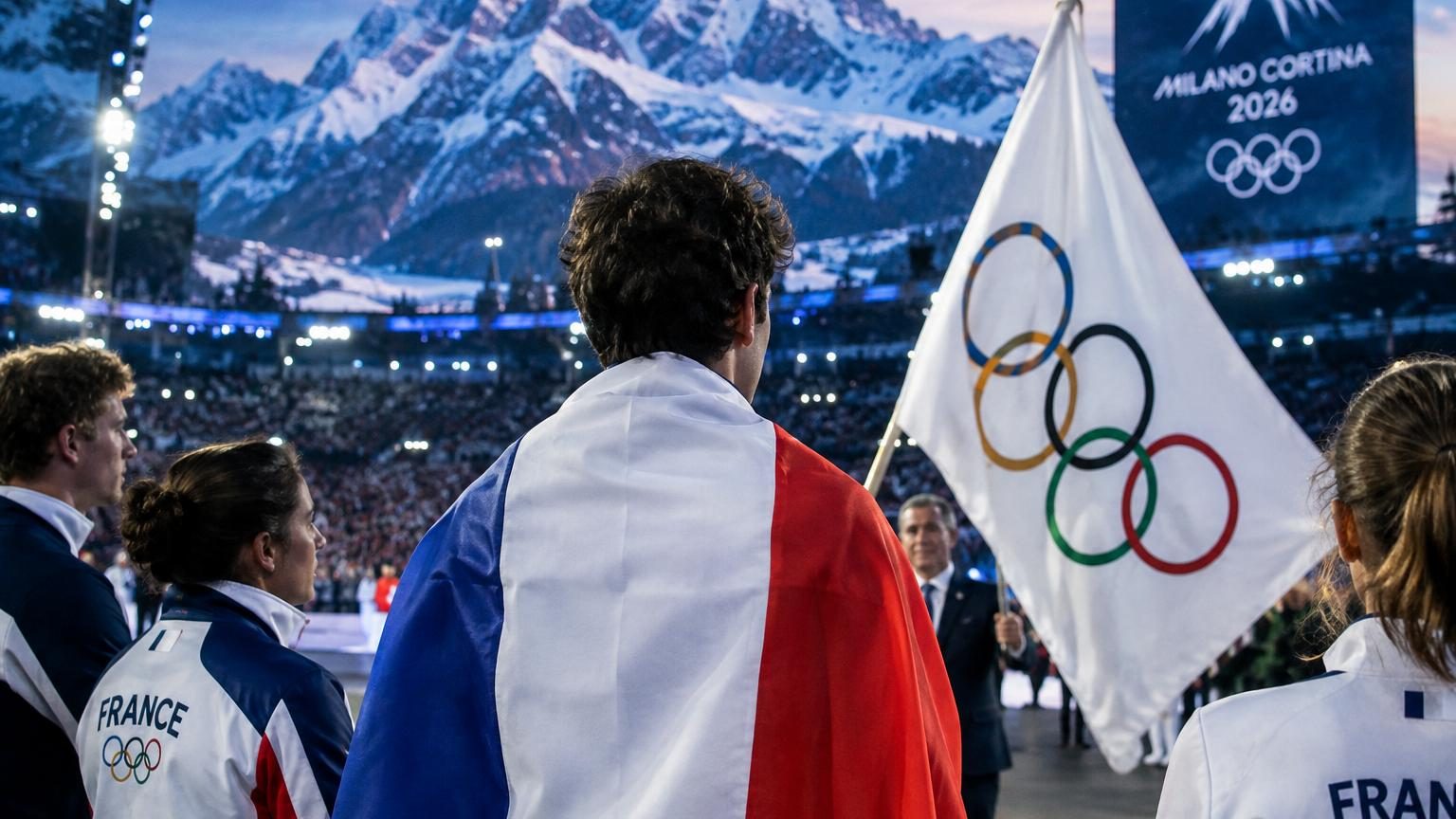 Remise du drapeau olympique blanc aux cinq anneaux à la France lors de la cérémonie de clôture des Jeux d'hiver 2026, avec montagnes enneigées et drapeaux français et italien en arrière-plan.