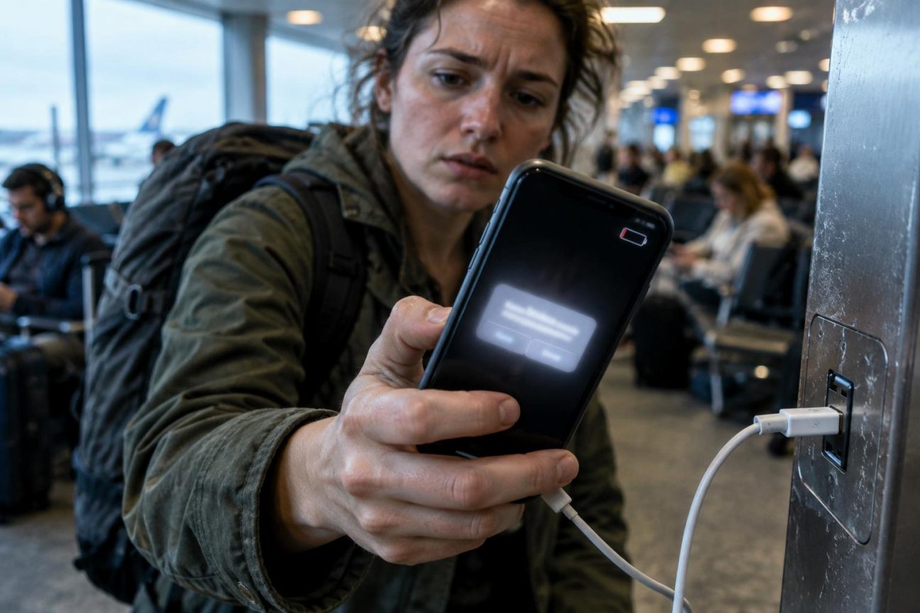 Illustration d'une borne de recharge USB publique avec un téléphone connecté, symbolisant le risque de compromission des données par des ports USB modifiés.