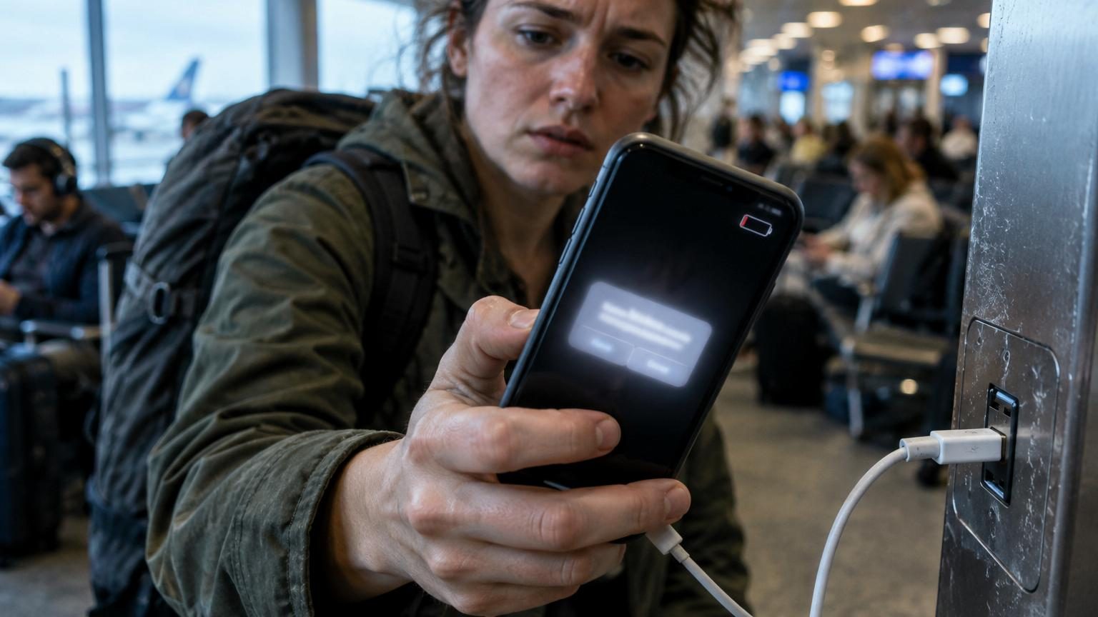 Illustration d'une borne de recharge USB publique avec un téléphone connecté, symbolisant le risque de compromission des données par des ports USB modifiés.