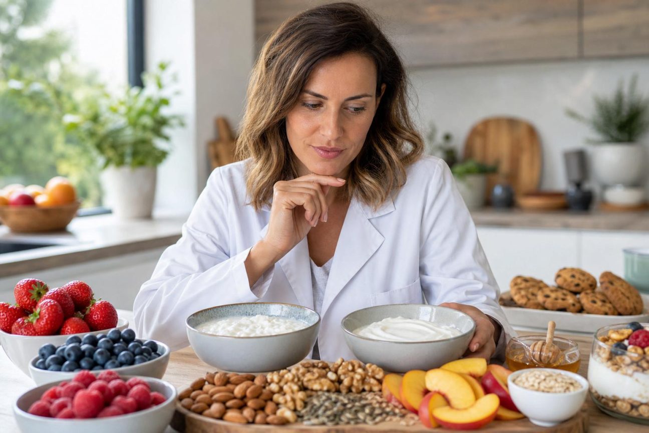 Pot de fromage blanc blanc naturel avec une cuillère, accompagné de fruits frais et d'amandes, illustrant un choix équilibré de petit déjeuner ou collation.