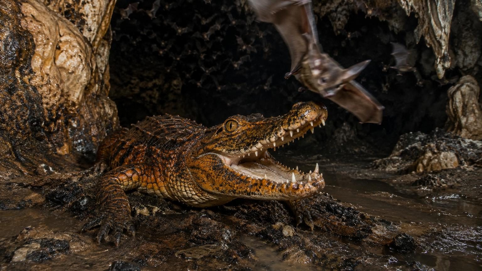 Crocodile nain à la peau orangée observé dans l'obscurité des grottes d'Abanda, capturant une chauve-souris, habitat souterrain couvert de guano.
