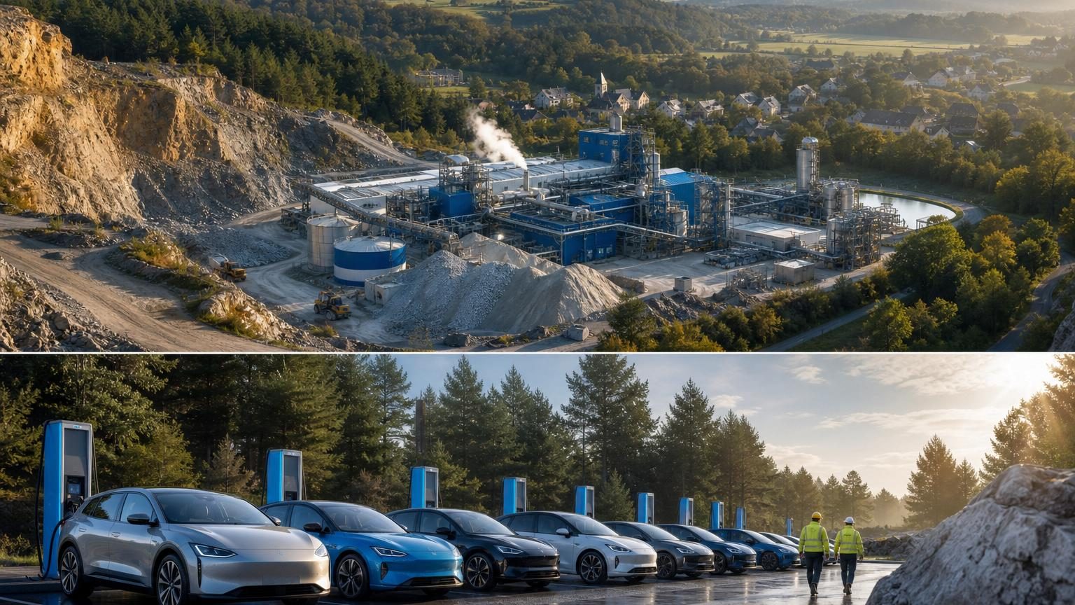 Vue aérienne de la route traversant les bois de l'Allier près d'Échassières, avec la carrière de kaolin adjacente au site d'extraction de lithium prévu.