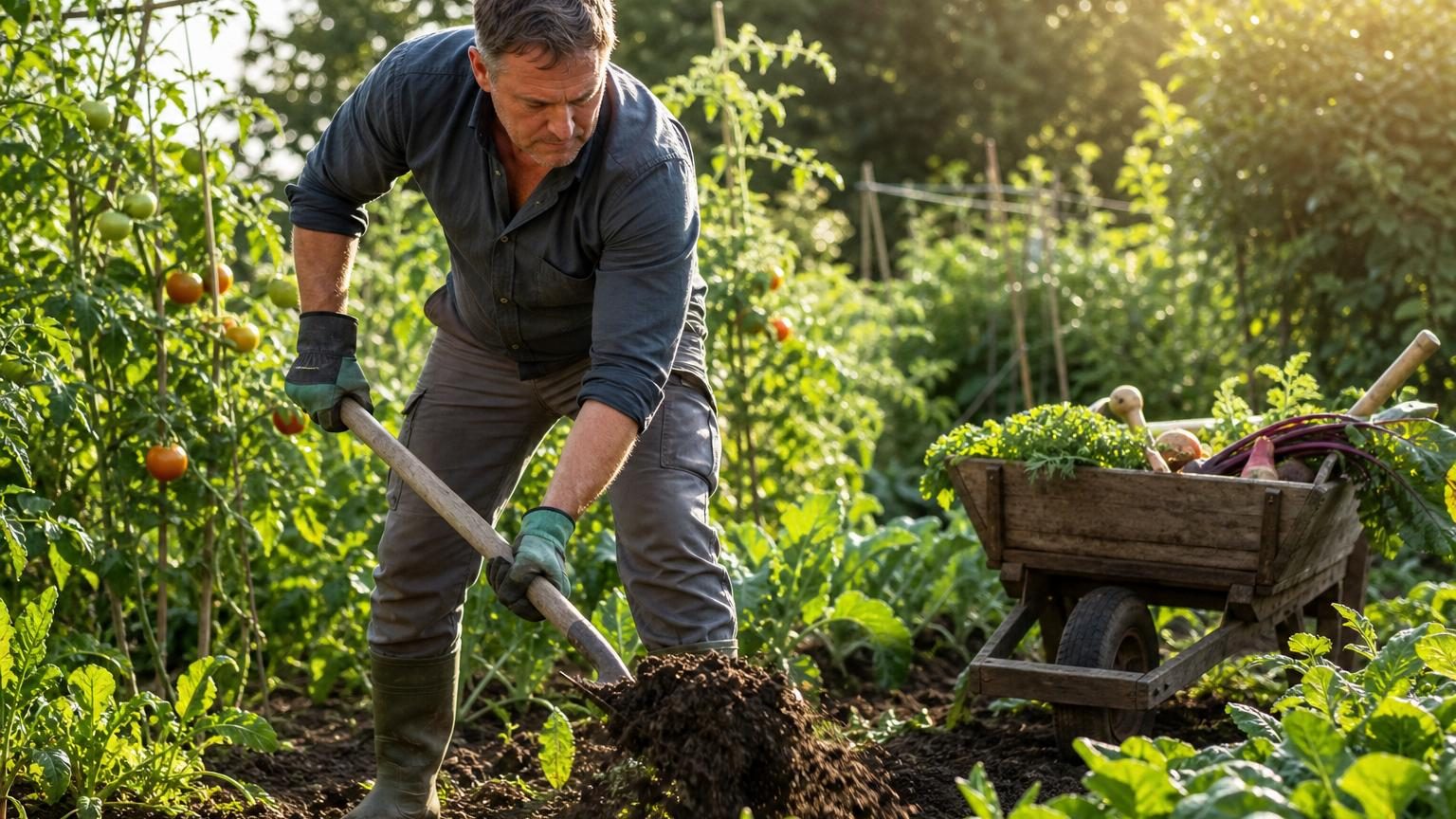 Jardinier bêchant un potager par une belle matinée ensoleillée, montrant les mouvements et l'effort physique du travail de la terre.