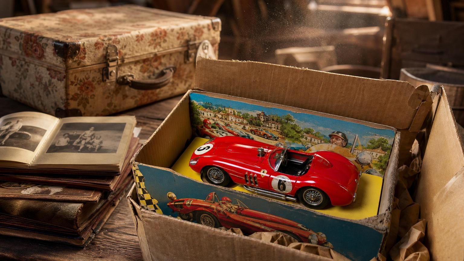 Une petite voiture de course miniature en métal vintage, intacte, dans sa boîte d'origine avec illustration colorée, posée délicatement dans un carton poussiéreux.