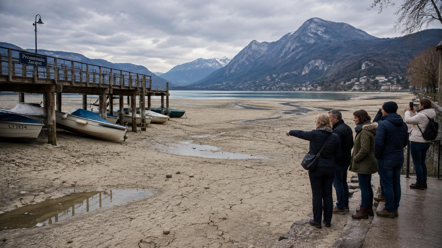 Paysage du lac d'Annecy avec des bancs de sable découverts à l'avant-plan, des pontons surélevés par rapport à l'eau basse, et des embarcations échouées à sec reflétant la baisse anormale du niveau des eaux.
