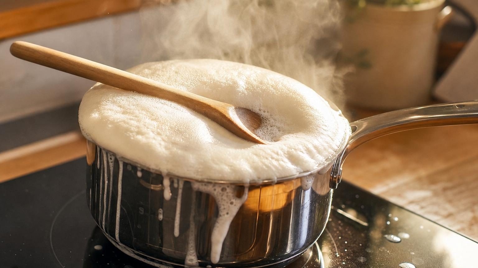 Une cuillère en bois posée en travers d'une casserole de lait frémissant sur une plaque de cuisson, avec une mousse blanche qui commence à monter.