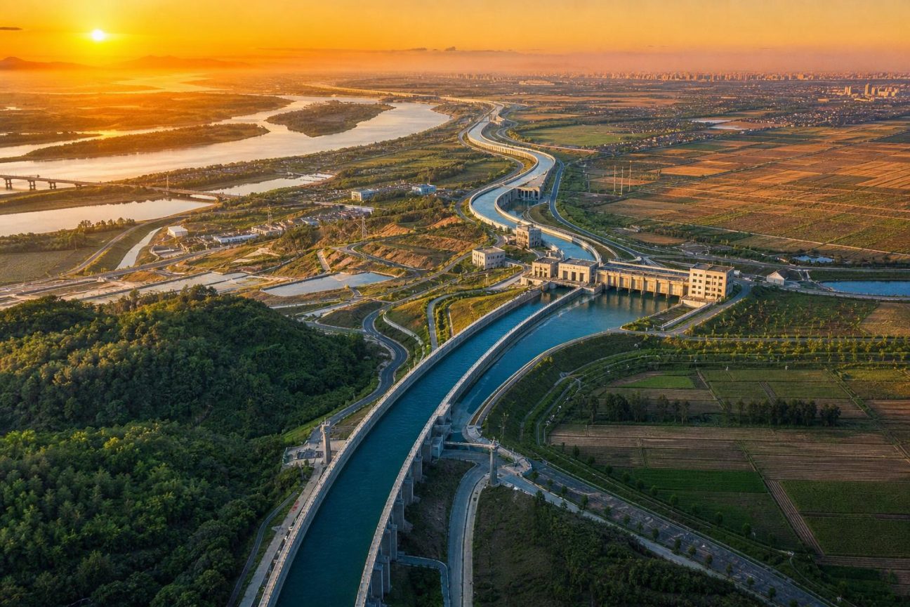 Illustration conceptuelle d'un vaste réseau hydraulique traversant la Chine du sud vers le nord, montrant canaux, tunnels et installations de pompage sur plus de 4 300 kilomètres.