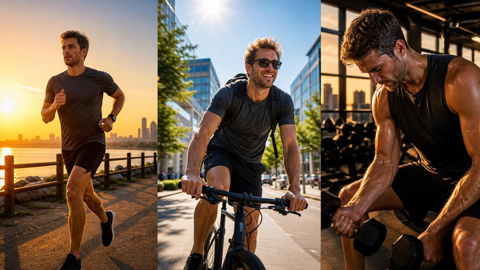 Une salle de sport animée avec des personnes faisant du sport à différentes heures de la journée, illustrant les variations de l'énergie et de la performance au fil du temps.
