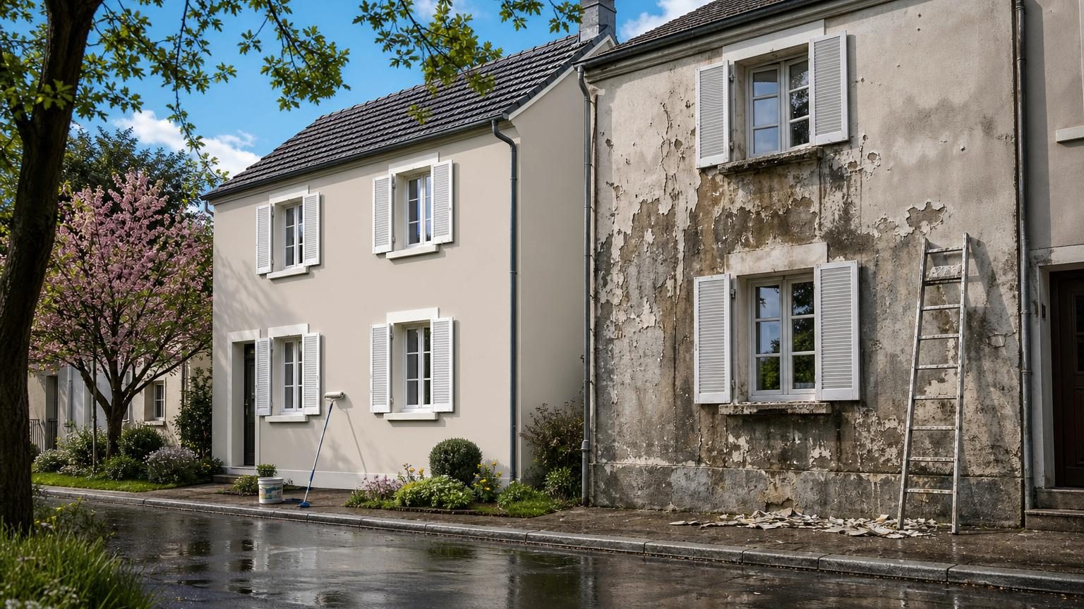 Deux façades identiques côte à côte, beige grisé : l'une reste impeccable au printemps tandis que l'autre présente des cloques et écailles sous les volets, illustrant les différences de préparation du support