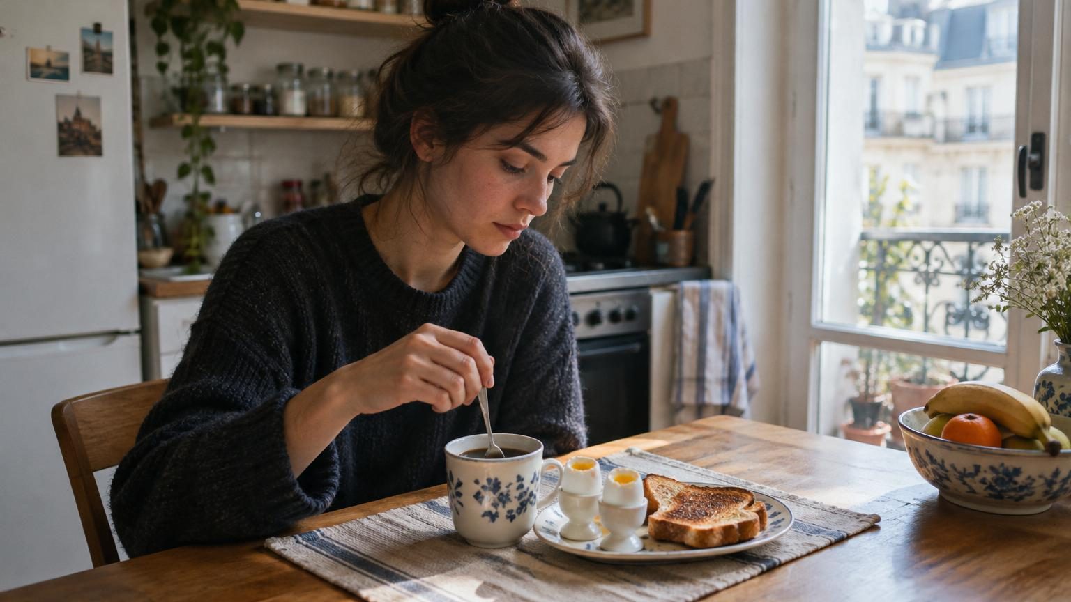 Un bol de céréales avec une tasse de café fumant posée sur une table de cuisine lumineuse, symbolisant un rituel de petit-déjeuner quotidien simple et rassurant.