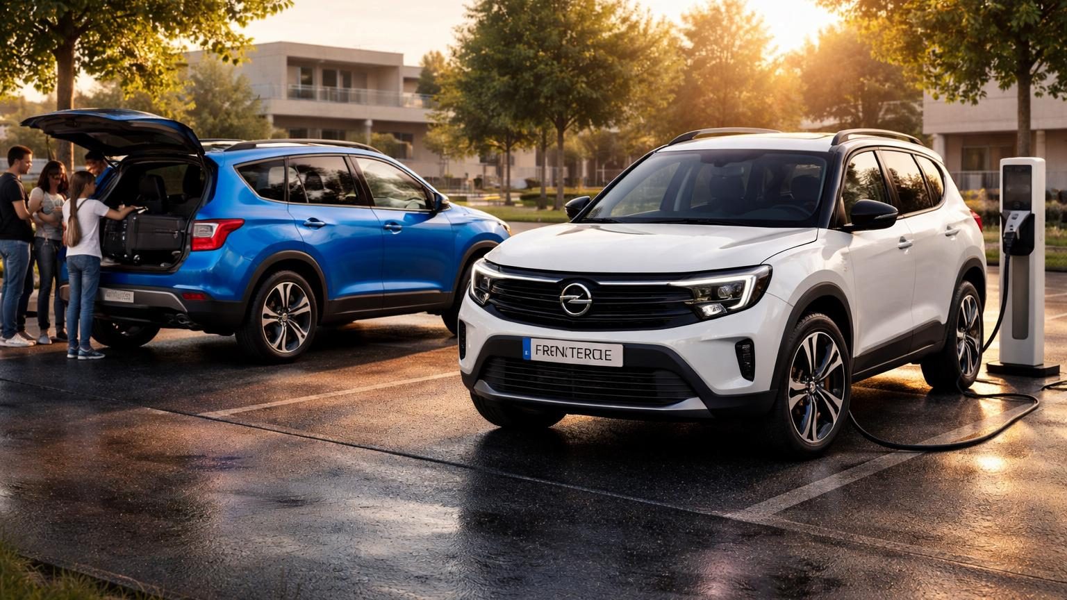 Nouvel Opel Frontera compact SUV familial gris, présenté de trois quarts avant, style cubique avec calandre Vizor et projecteurs LED verticaux.
