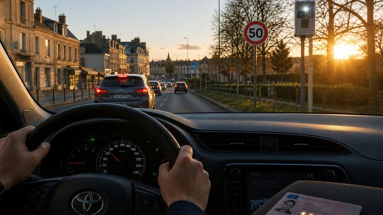 Tableau de bord d'une voiture avec compteur de vitesse montrant une vitesse légèrement supérieure à la limite autorisée, illustrant un petit excès de vitesse.