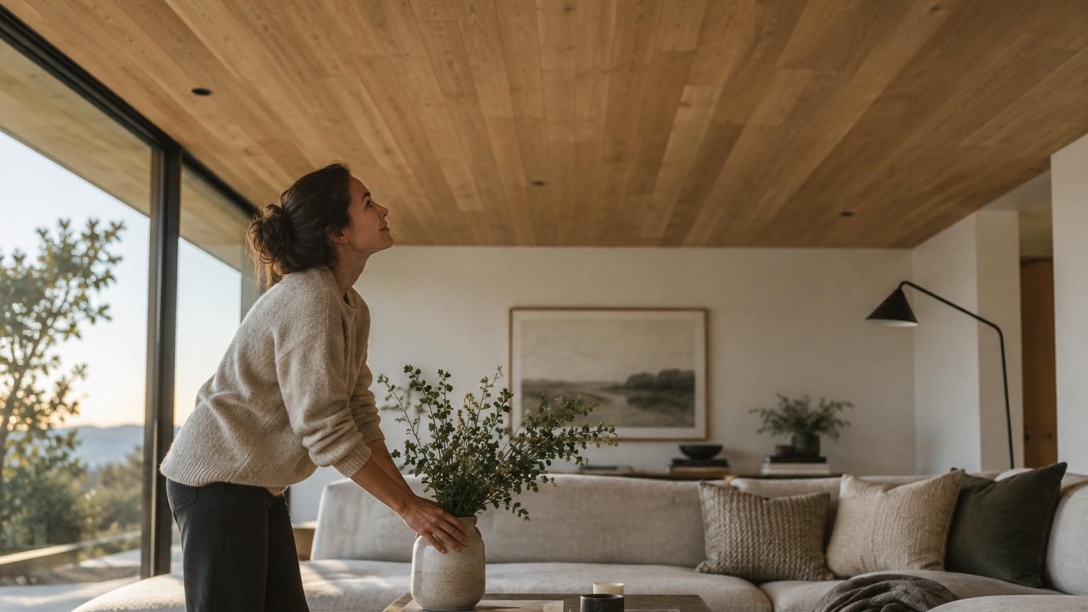 Le plafond en bois revient en force dans les salons : ce n&rsquo;est plus du tout le lambris verni des années 80