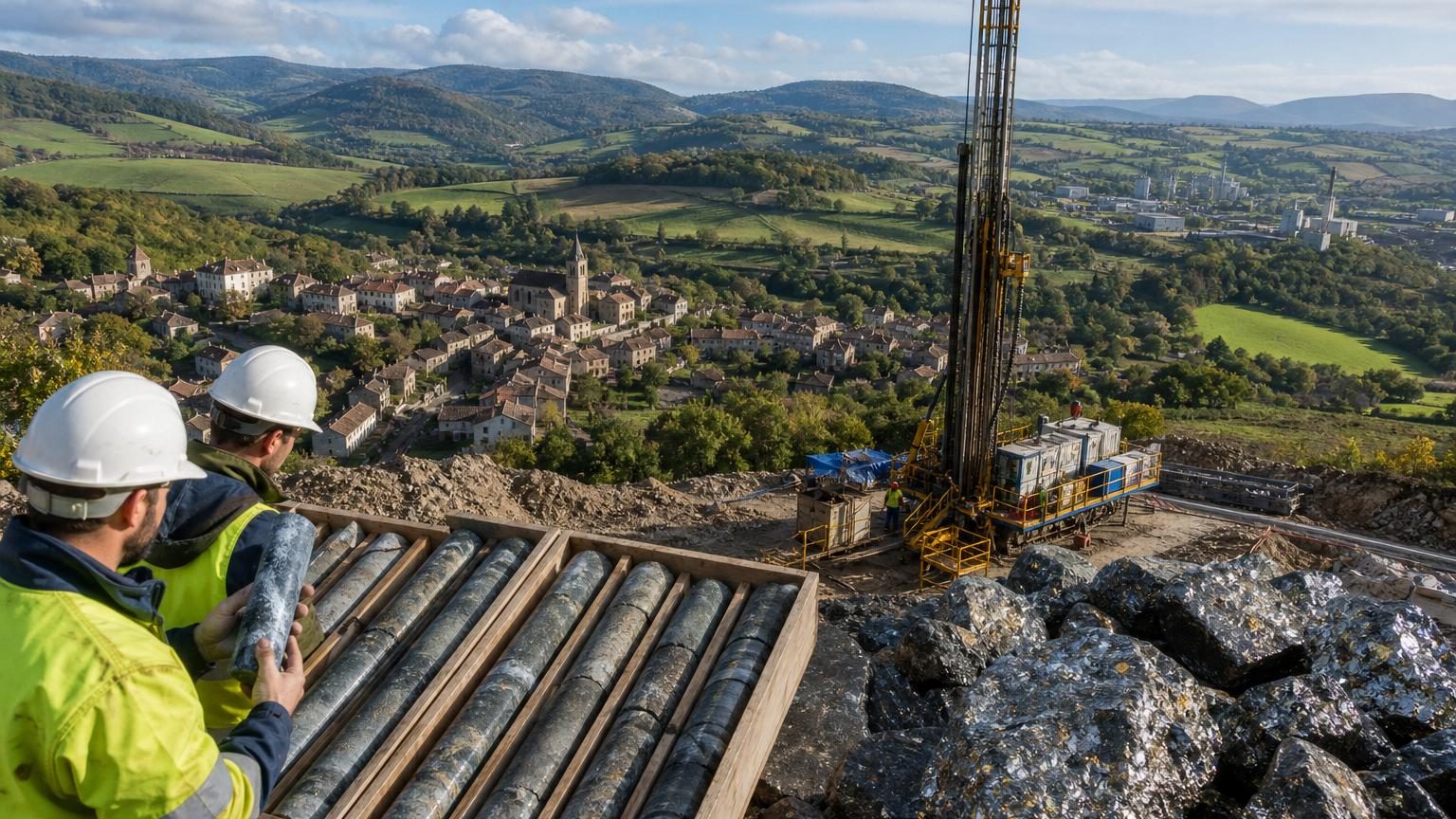 Illustration conceptuelle d'un gisement de tungstène souterrain situé sous une commune française de 20 000 habitants, montrant la stratégie minière européenne de souveraineté industrielle.