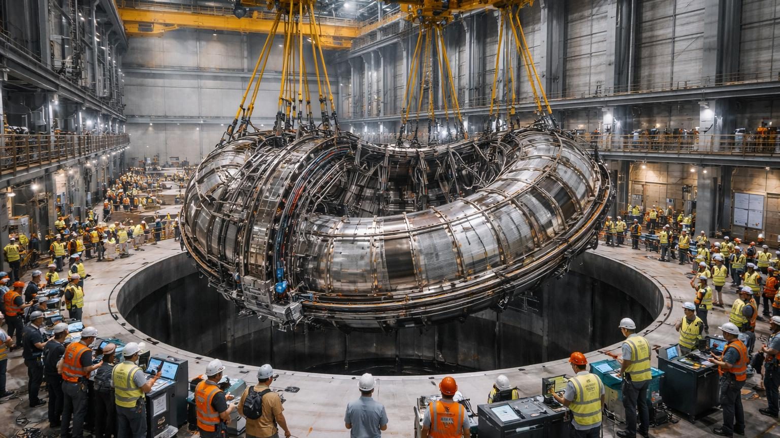 Vue du module géant de 1 400 tonnes en cours de positionnement dans le puits du réacteur ITER, suspendu par des dispositifs de levage haute précision dans un hall d'assemblage.