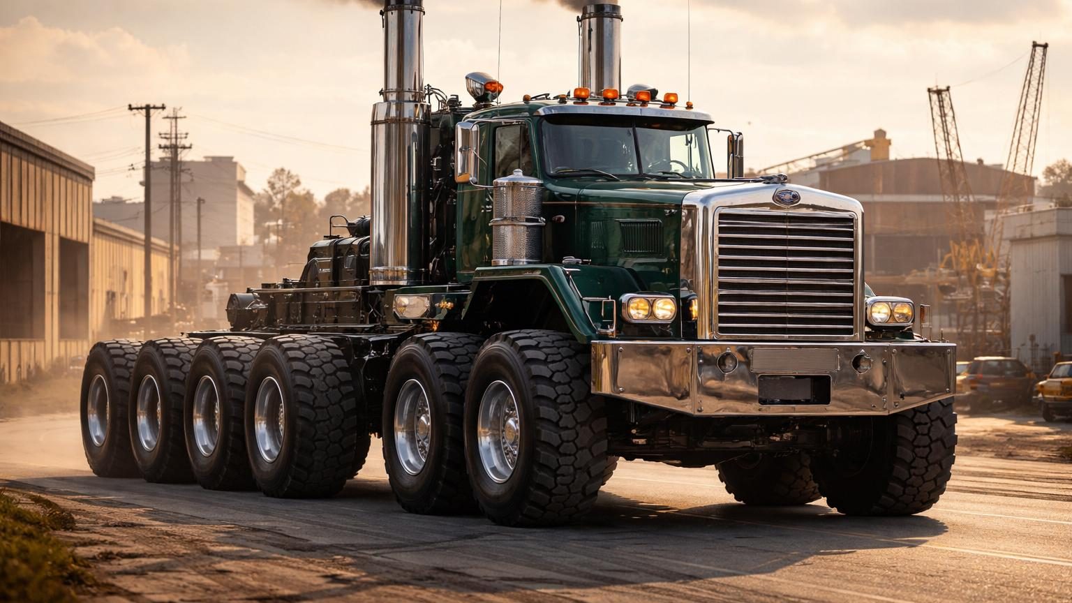 Un énorme camion Mack M100SX jaune et noir, long de près de 10 mètres, avec sa cabine latérale et son imposant moteur central visible, exposé dans l'enceinte de la collection.