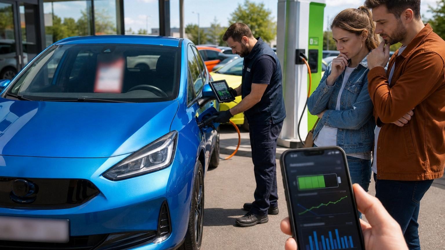 Un couple examine une voiture électrique compacte de couleur claire sur un parking de concessionnaire automobile, l'homme consultant son téléphone pour comparer les prix affichés.