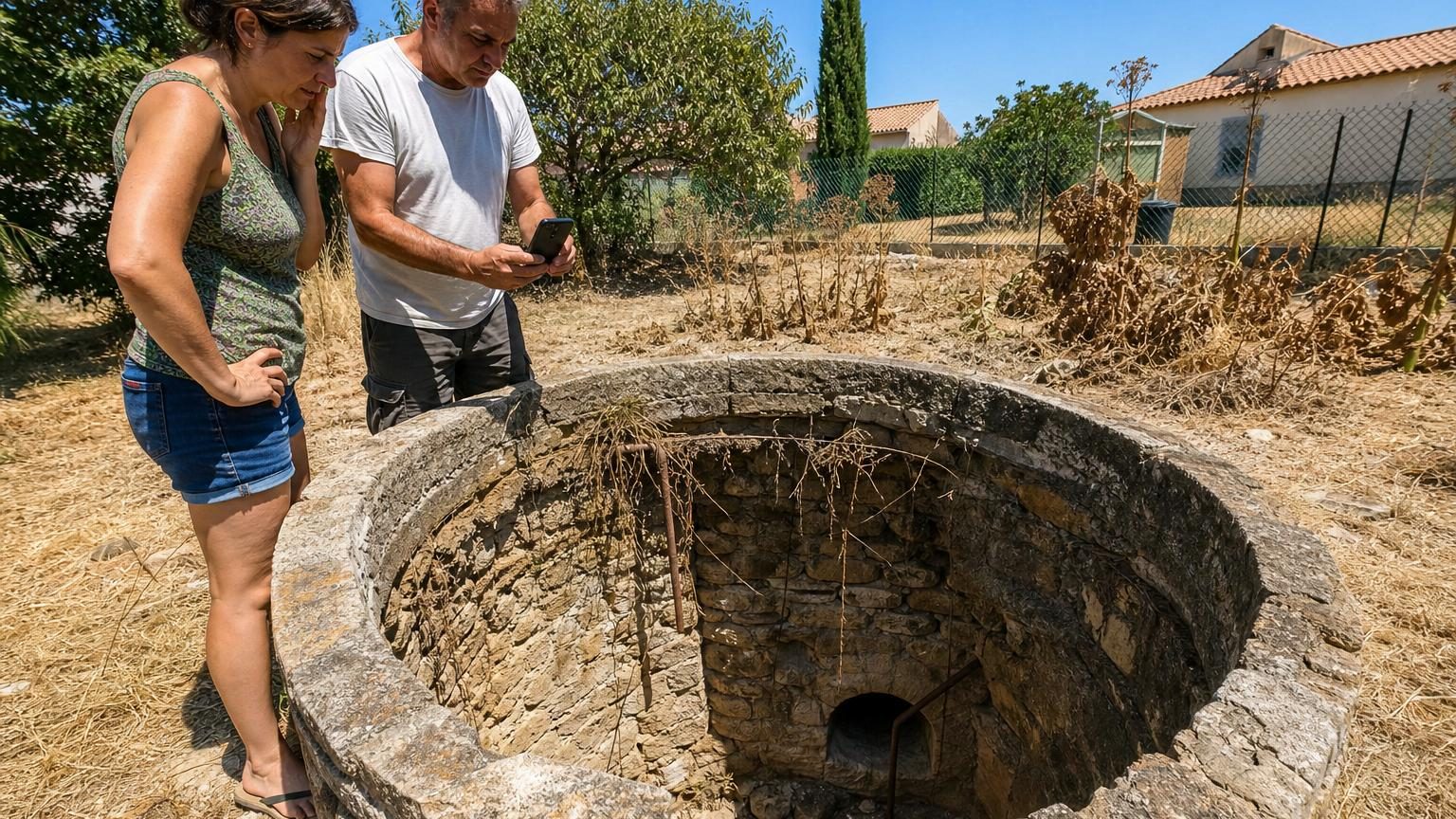 Vue du fond d'un puits asséché révélant des pierres, des fissures et des traces d'anciennes canalisations cachées par l'eau en temps normal.