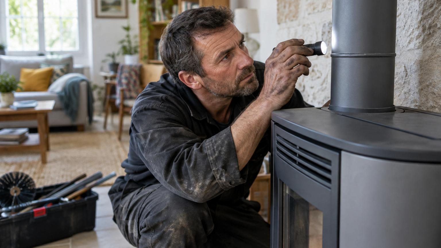 Le ramoneur observe le tuyau du poêle à granulés avant même de sortir ses brosses : ce n&rsquo;est pas la couleur qu&rsquo;il regarde