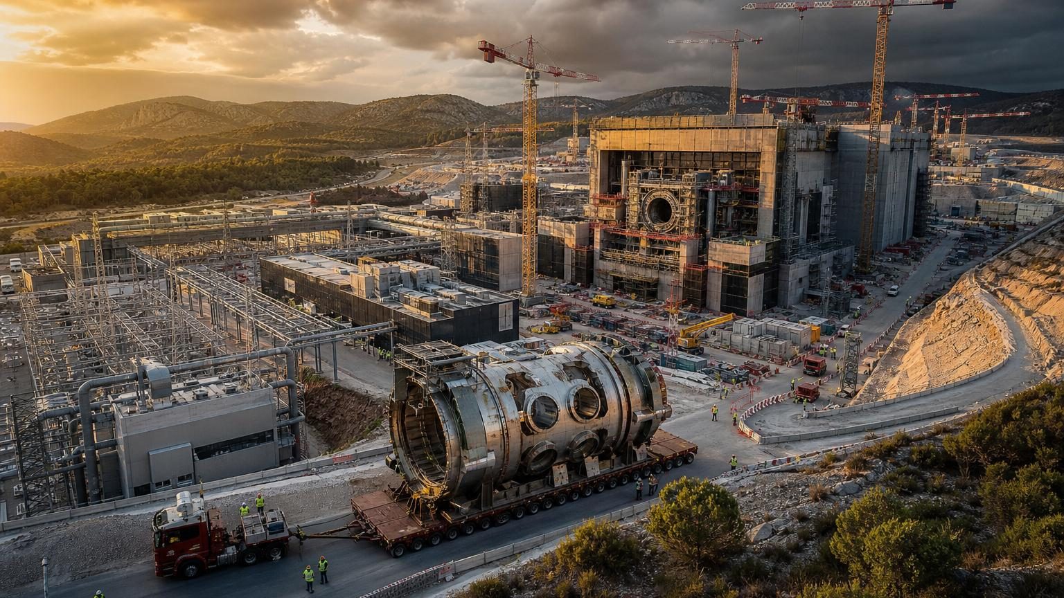 Site de construction d'ITER à Saint-Paul-lez-Durance avec grues massives, bâtiments industriels et clôtures de sécurité au nord d'Aix-en-Provence.
