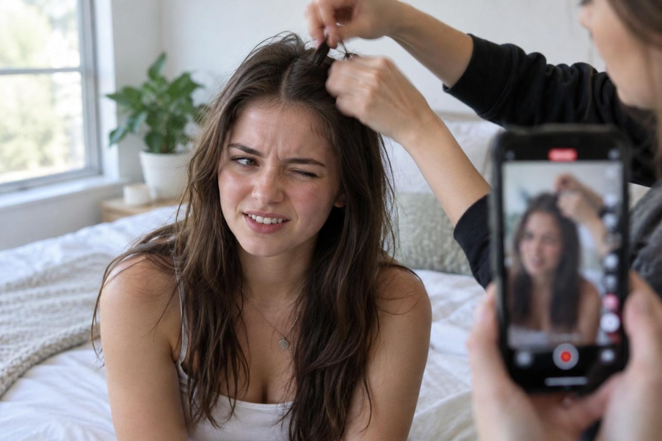 Gros plan d'une main enroulant une fine mèche de cheveux autour de ses doigts sur le cuir chevelu, symbolisant le geste du scalp popping viral sur TikTok.