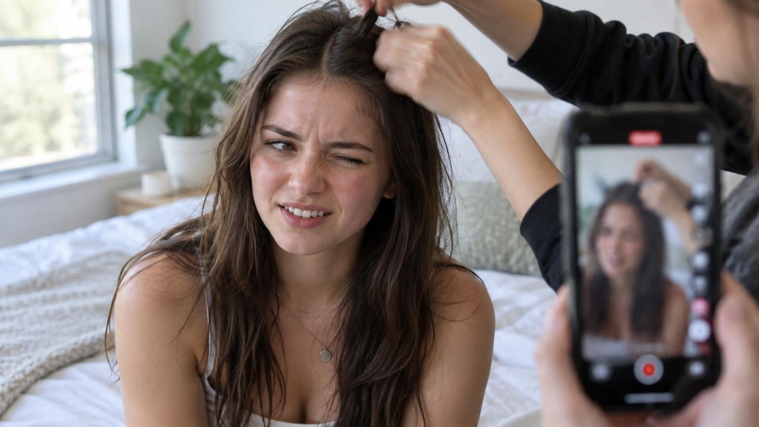 Gros plan d'une main enroulant une fine mèche de cheveux autour de ses doigts sur le cuir chevelu, symbolisant le geste du scalp popping viral sur TikTok.