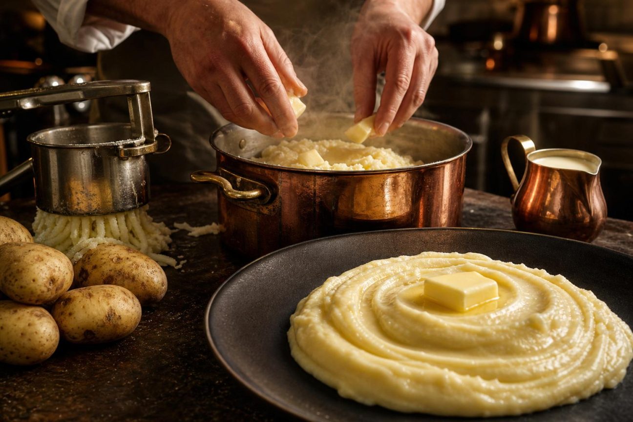 Une cuillère traverse une purée lisse et brillante, montagne blanche onctueuse digne d'un restaurant, accompagnement d'un plat gastronomique.