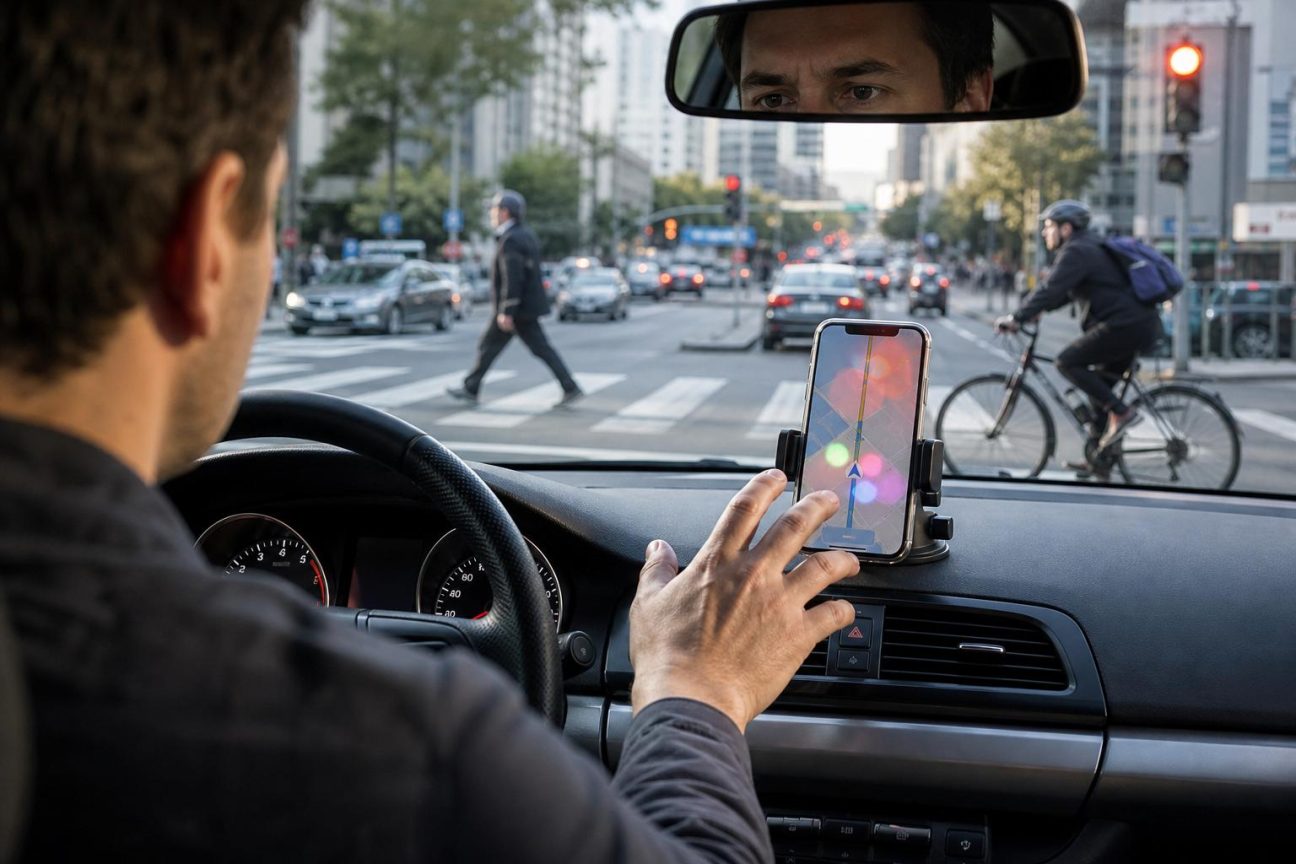 Main de conducteur approchant l'écran d'un téléphone fixé sur son support au tableau de bord, illustrant la tentation de consulter des notifications en conduisant.