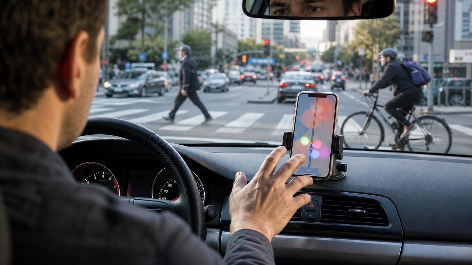Main de conducteur approchant l'écran d'un téléphone fixé sur son support au tableau de bord, illustrant la tentation de consulter des notifications en conduisant.