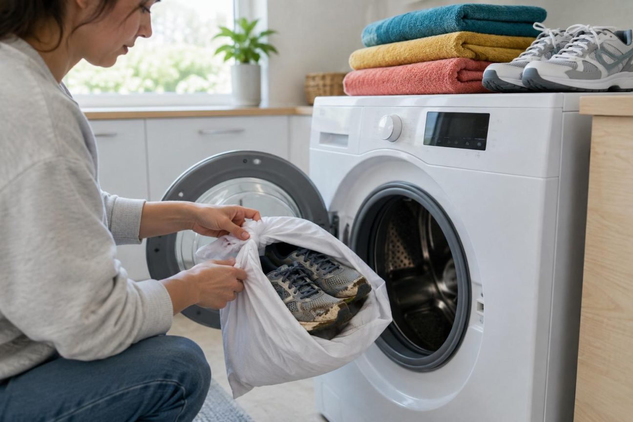 Paire de baskets blanches et grises posées à côté d'une taie d'oreiller ouverte, illustrant la méthode de protection pour le lavage en machine