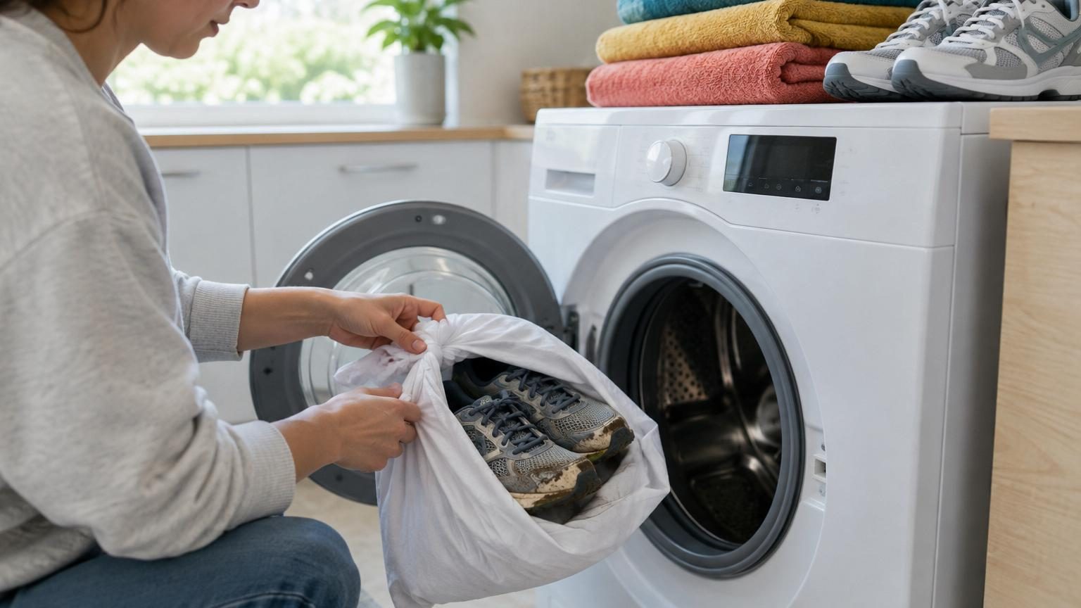 Paire de baskets blanches et grises posées à côté d'une taie d'oreiller ouverte, illustrant la méthode de protection pour le lavage en machine