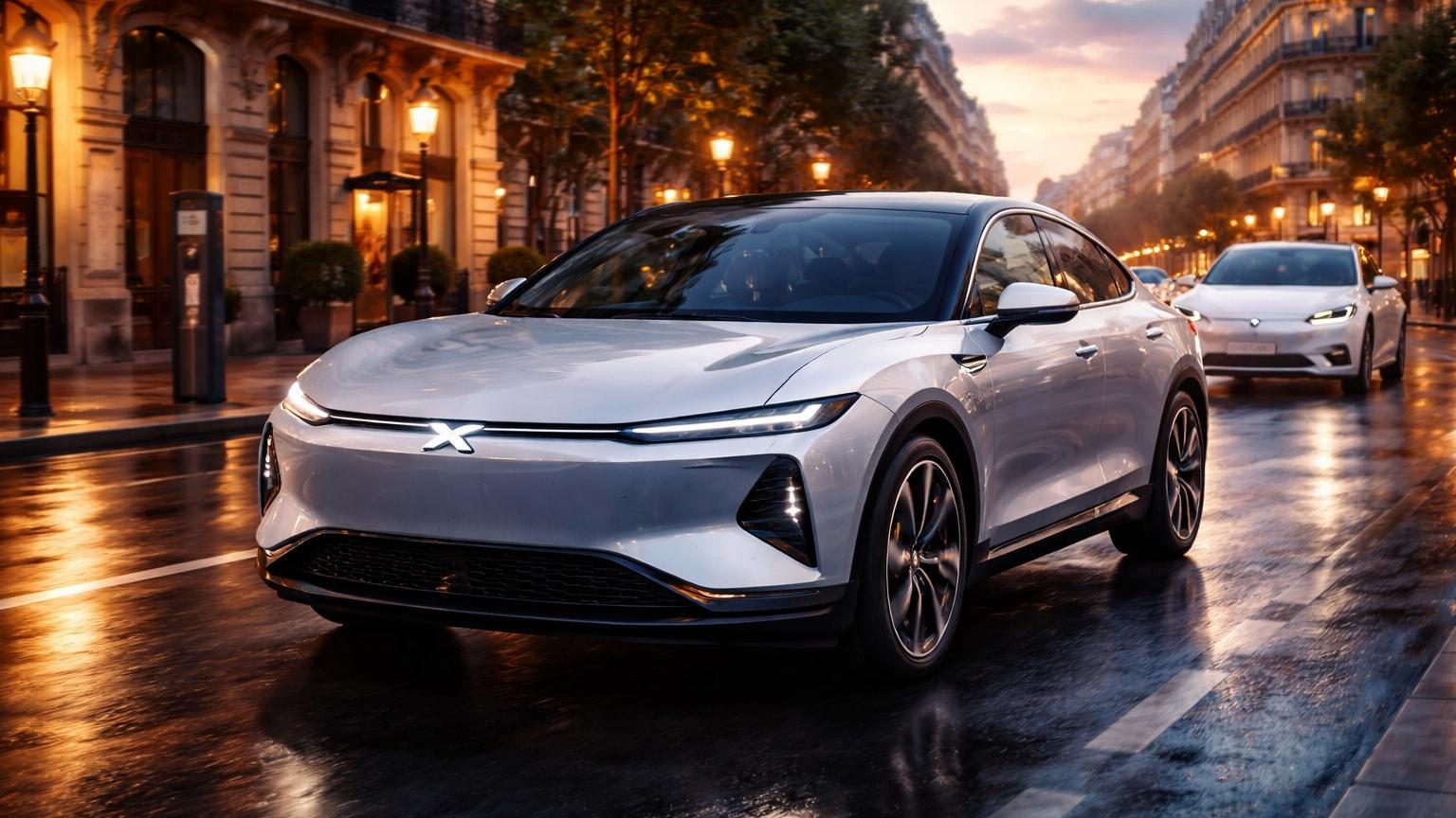 SUV coupé électrique Xpeng L03 gris-anthracite de profil, design épuré avec toit panoramique, affiché face au Tesla Model Y en comparaison tarifaire.