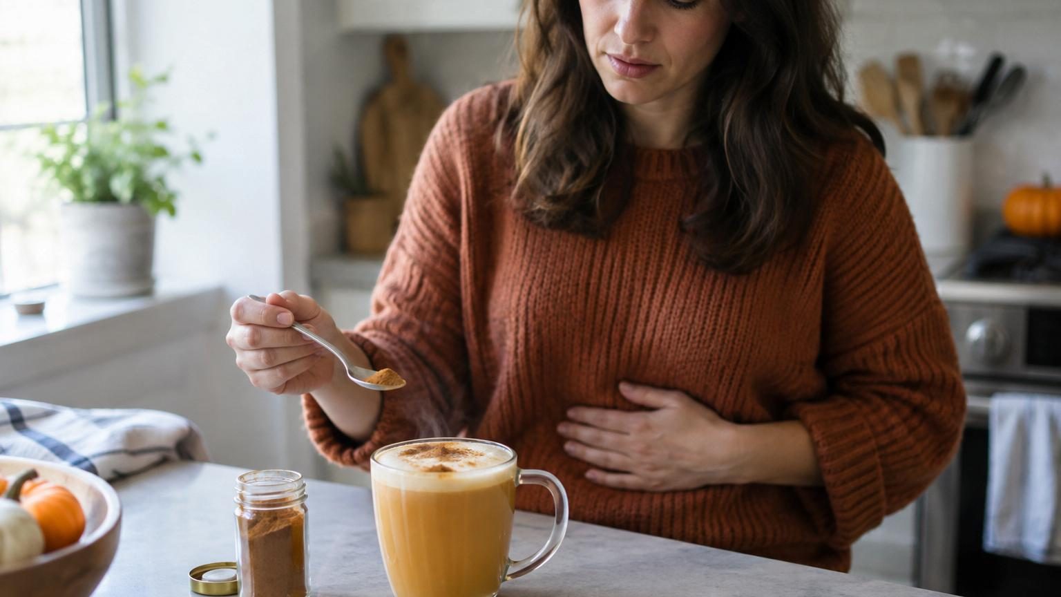 Tasse de latte beige-orangé avec crème fouettée et poudre de cannelle dorée, symbolisant la tendance automnale des boissons épicées sur les réseaux sociaux.