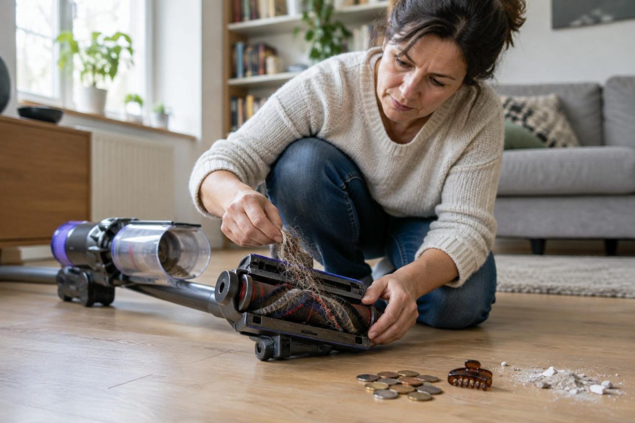 Gros plan sur les composants internes d'un aspirateur, montrant le filtre, le rouleau de brosse et les différentes pièces d'entretien détaillées dans le guide pratique.