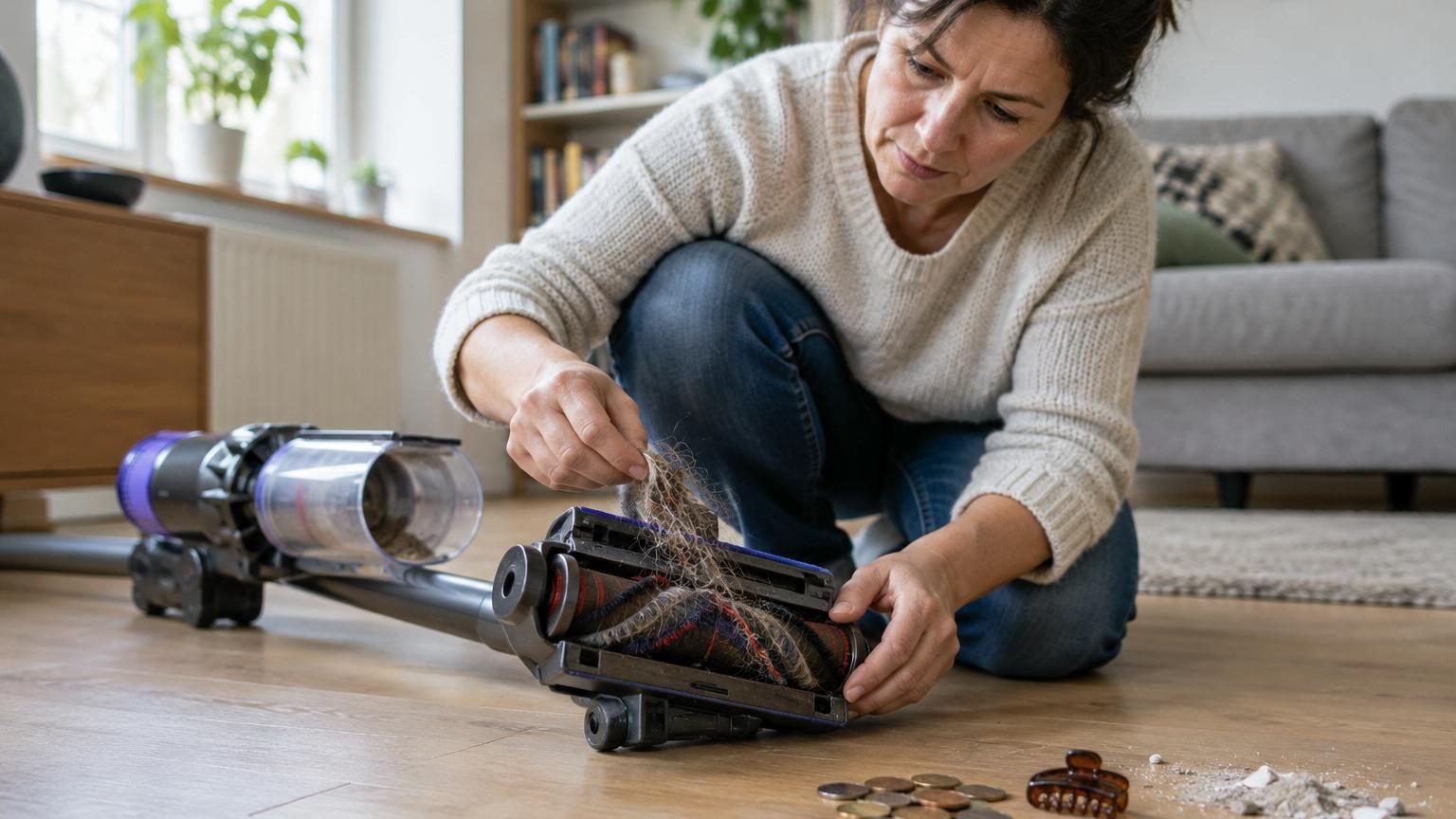 Gros plan sur les composants internes d'un aspirateur, montrant le filtre, le rouleau de brosse et les différentes pièces d'entretien détaillées dans le guide pratique.