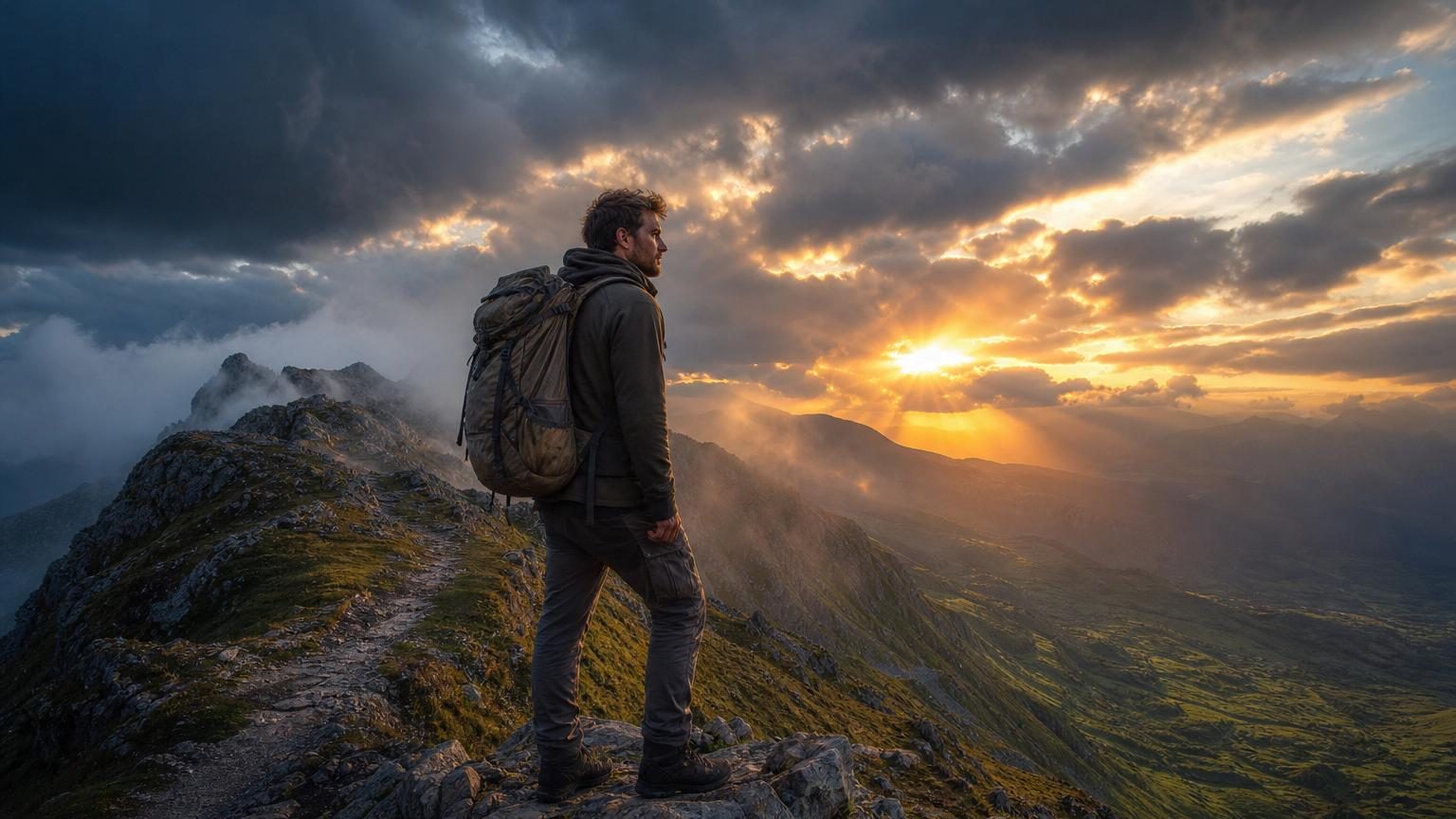 Une personne regardant un lever de soleil montagneux, symbolisant la renaissance et la force mentale après une épreuve surmontée.