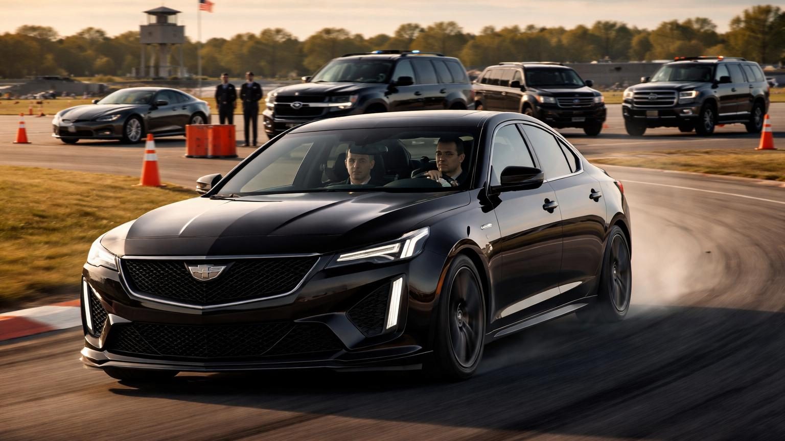 Un agent du Secret Service apprenant à conduire une Cadillac CT5-V Blackwing noire équipée d'une boîte manuelle lors d'une séance de formation au centre d'entraînement.