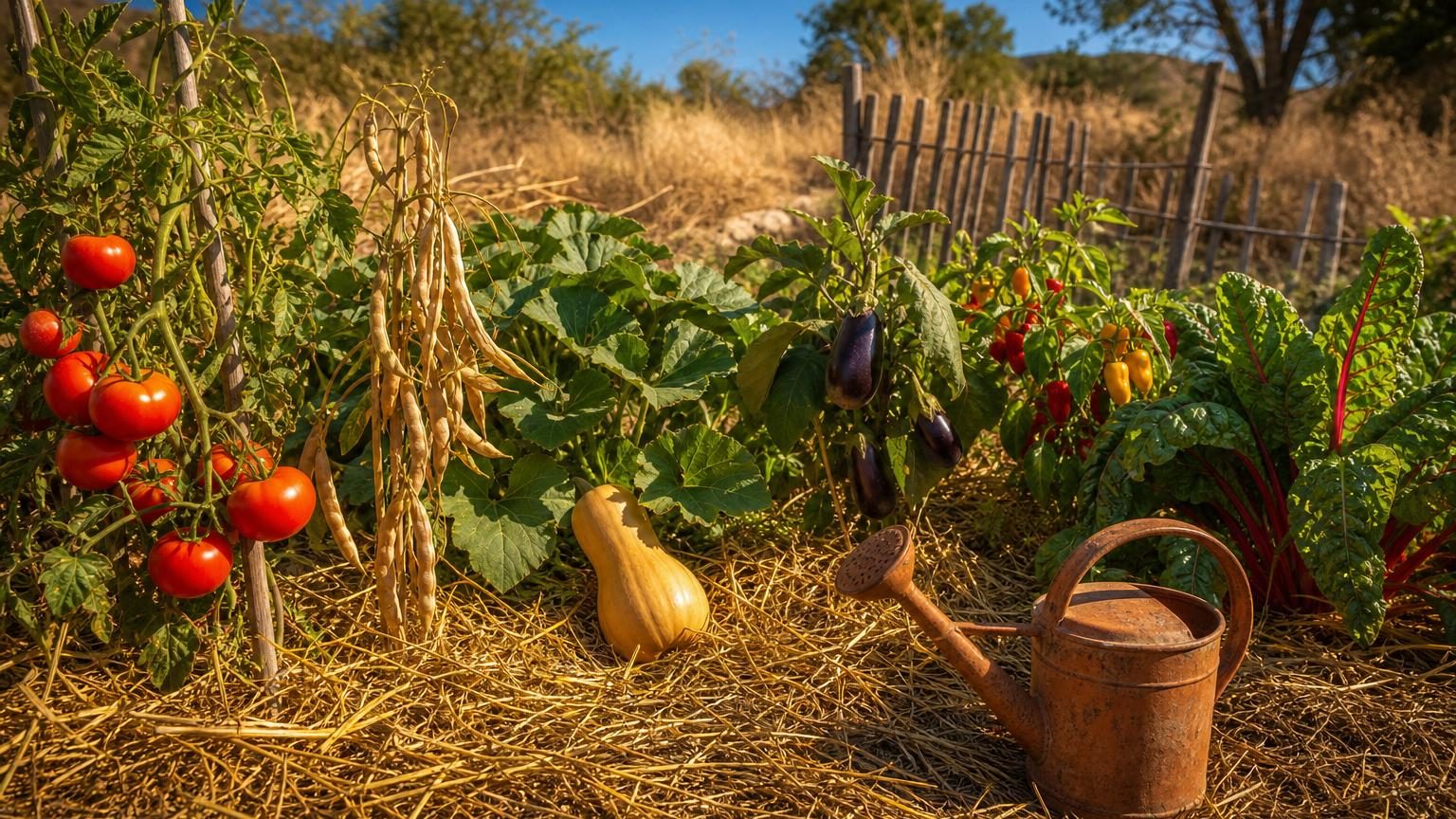 Potager d'été avec tomates, courges et haricots sous le soleil, paillé et cultivé sans surproduction.