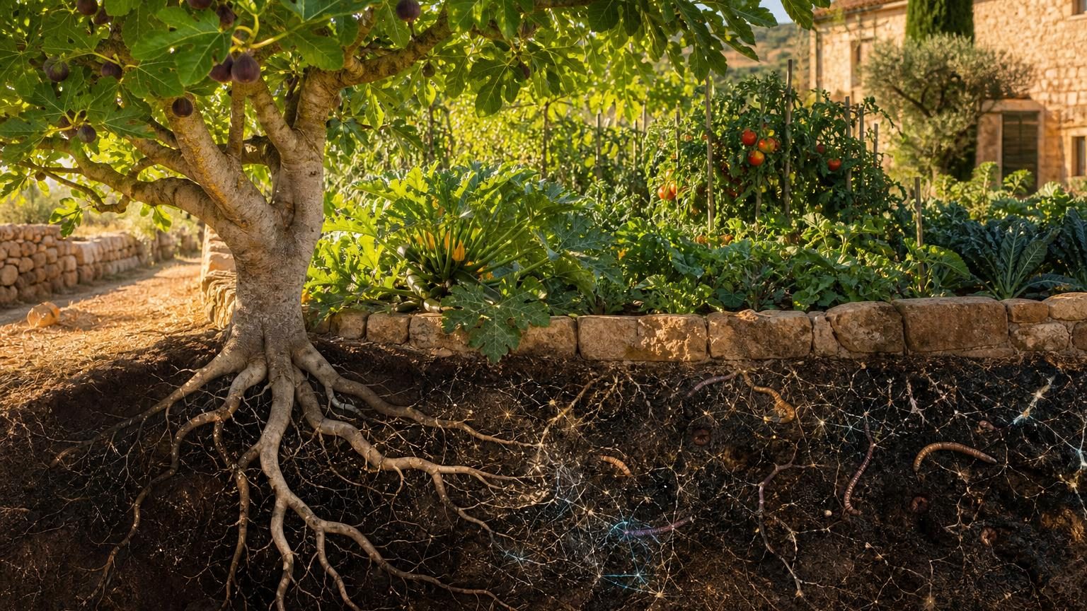 Potager d'été avec plants de légumes aux feuilles tendres, grand figuier en arrière-plan offrant ombre et protection contre la chaleur.