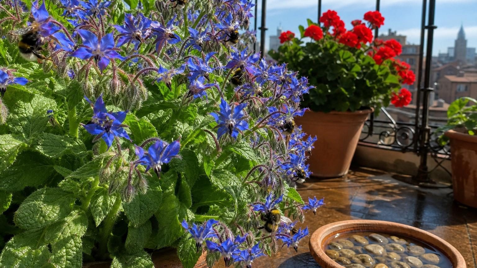 Balcon urbain avec jardinière de bourrache aux fleurs bleues densément visitée par des abeilles et bourdons, en contraste avec un géranium rouge en arrière-plan peu fréquenté.