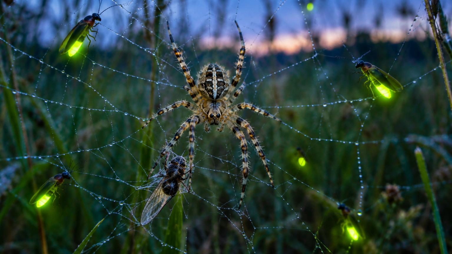Une araignée trampeuse Psechrus clavis observée dans sa toile avec des lucioles capturées émettant leur bioluminescence, attirant d'autres insectes vers le piège.