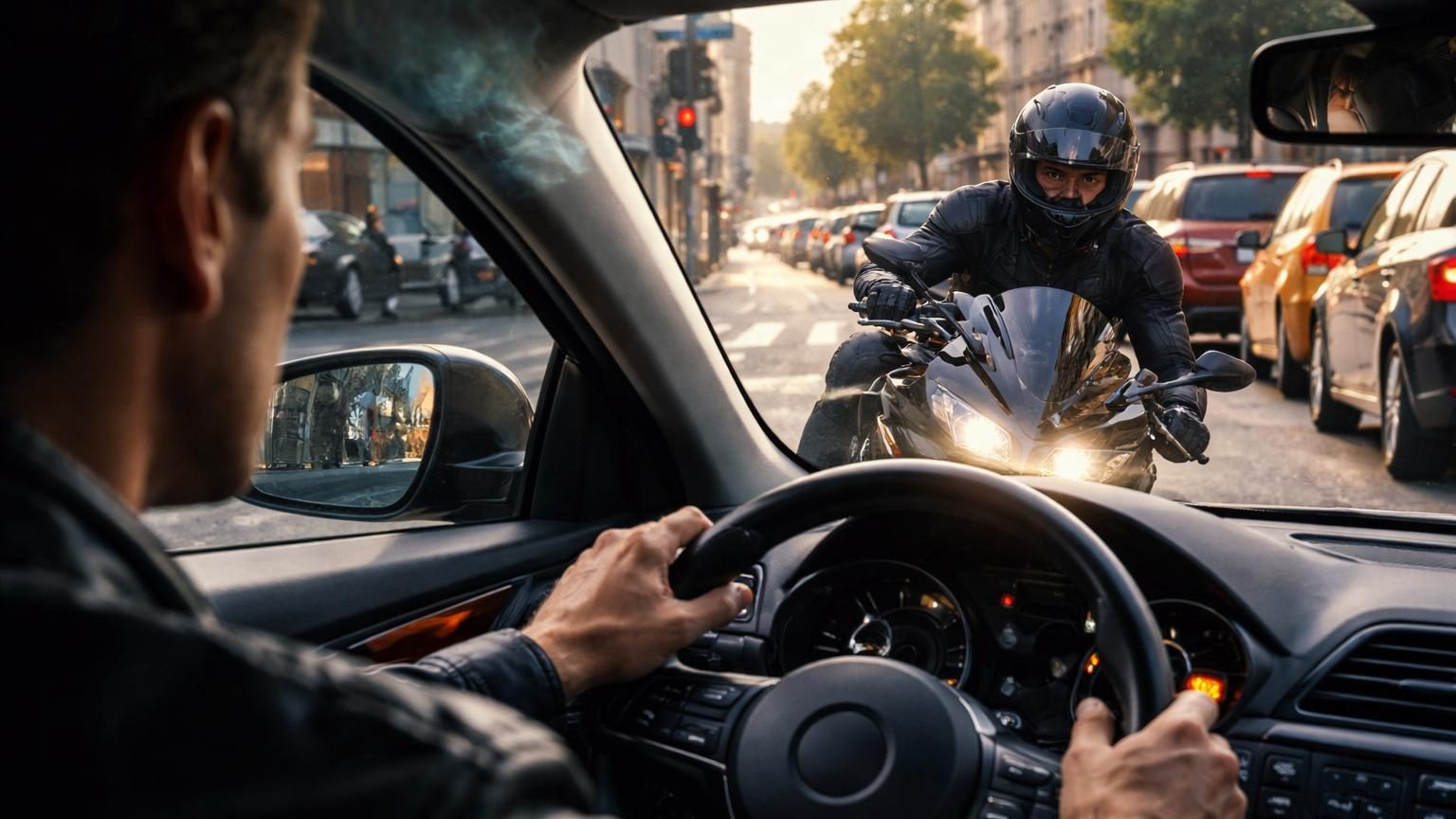 Simulation d'un T-carrefour routier montrant une voiture tournant à droite face à une moto qui remonte une file de véhicules à l'arrêt en filtrage
