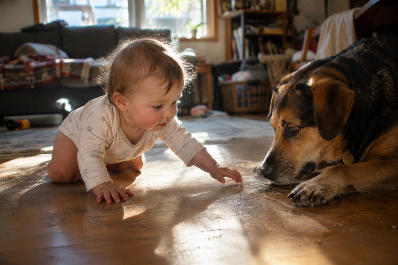 Un jeune enfant en train de jouer avec un chien dans un salon, symbolisant la cohabitation quotidienne du bébé avec l'animal de compagnie.