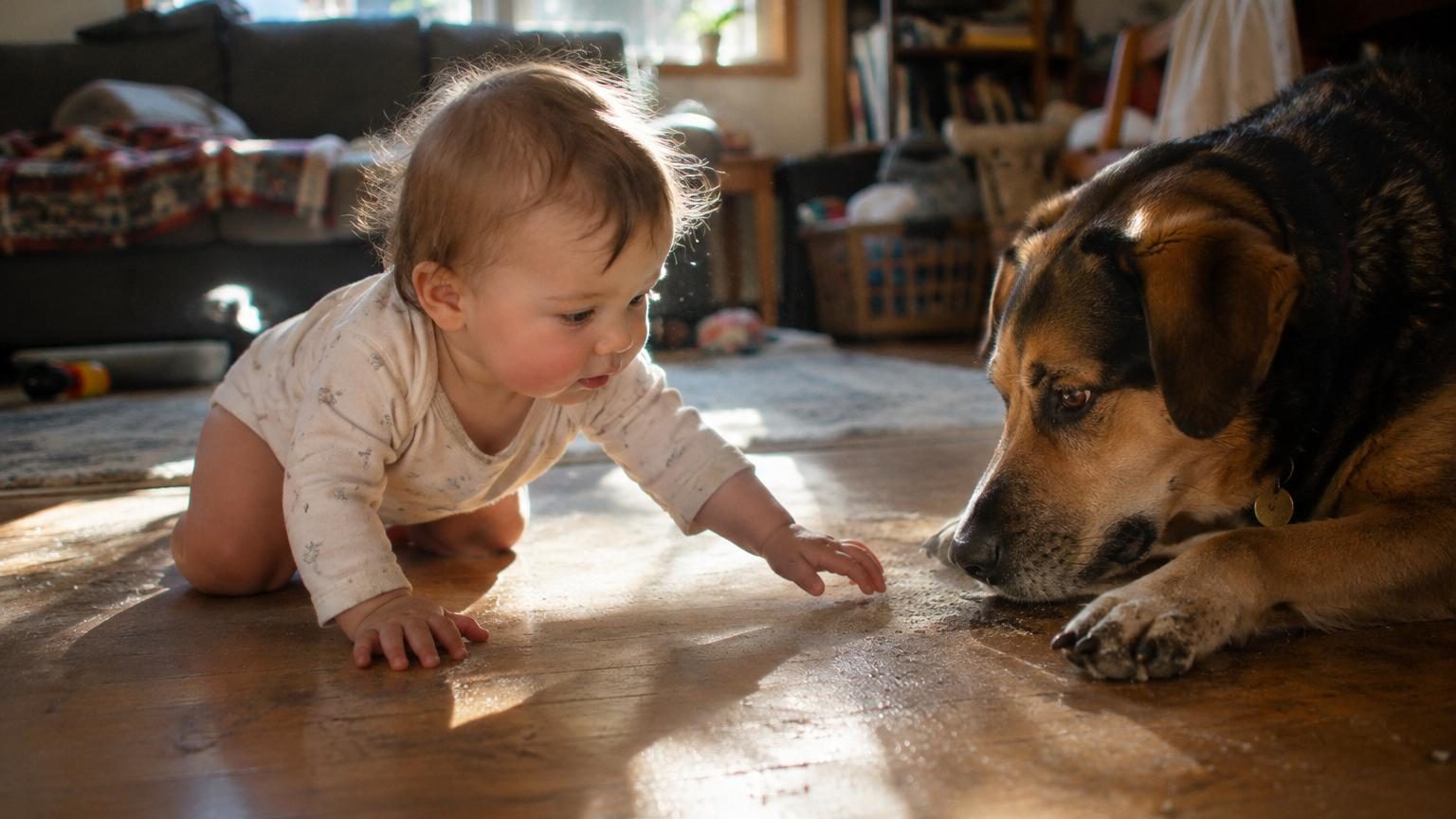Un jeune enfant en train de jouer avec un chien dans un salon, symbolisant la cohabitation quotidienne du bébé avec l'animal de compagnie.