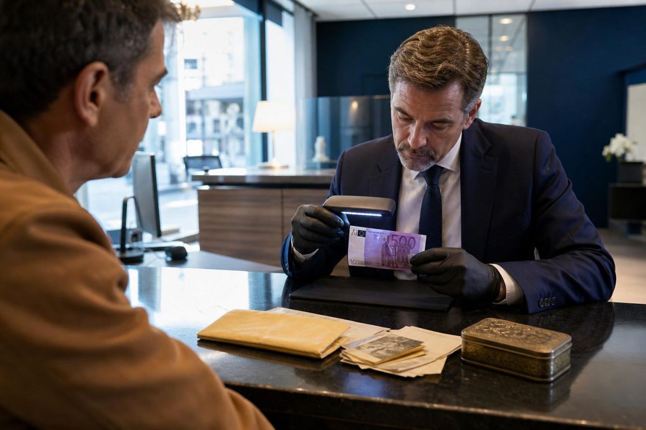 Billet violet de 500 euros posé sur un bureau, symbol de réserves d'argent liquide conservées longtemps à domicile.