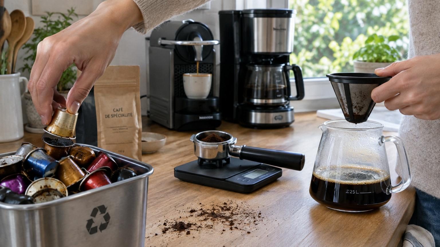 Trois tasses de café de différentes méthodes de préparation (filtre, instantané, capsule) alignées pour comparer leur impact environnemental